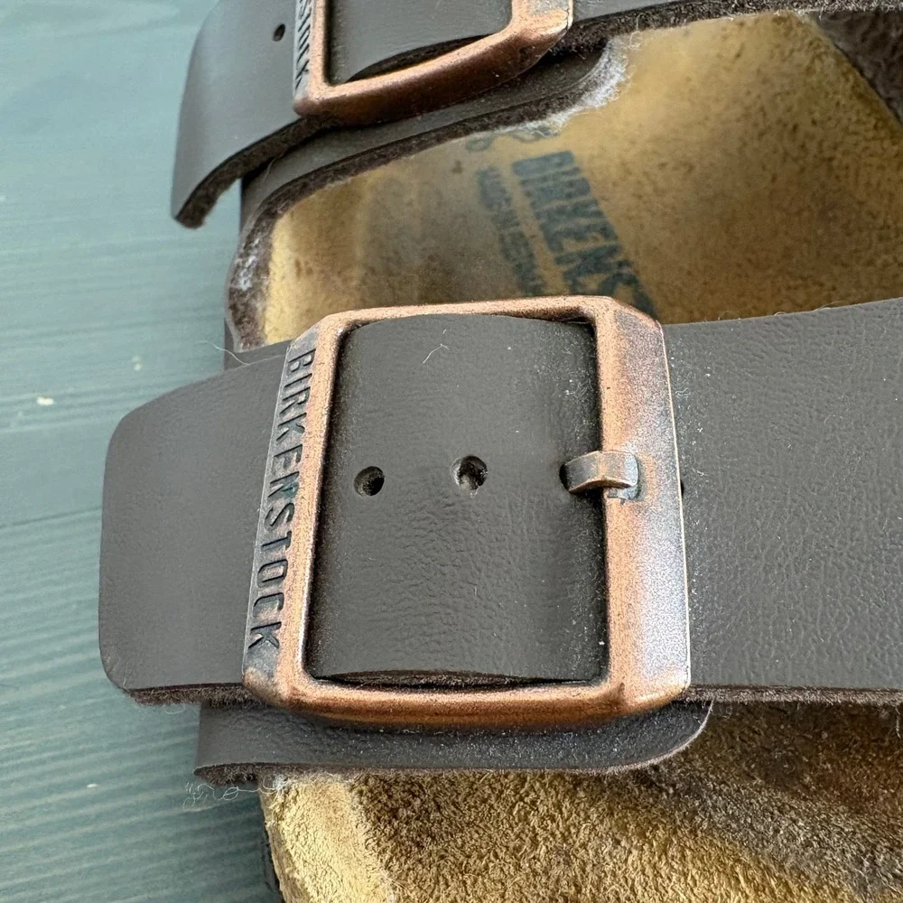 Birkenstock Sandals Arizona 38 Dark Brown Birko-Flor Two Strap Slide Comfort
